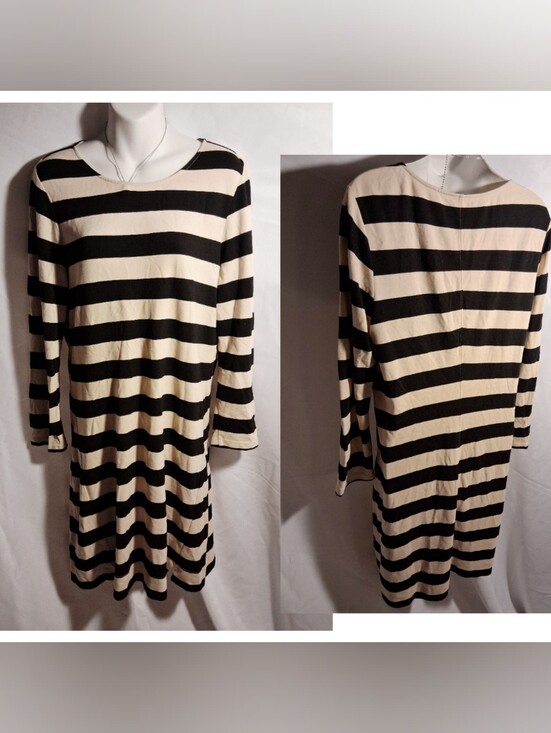 Theory Dresses & Skirts - Theory Black/Cream Stripe Three Quarter Sleeve Crew Neck Stretch Dress.  Sz Med